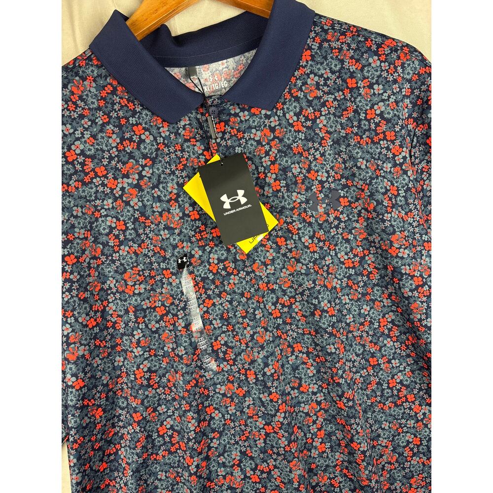 New Under Armour UA Matchplay Golf Polo Mens sz XL Floral Printed Navy/Orange